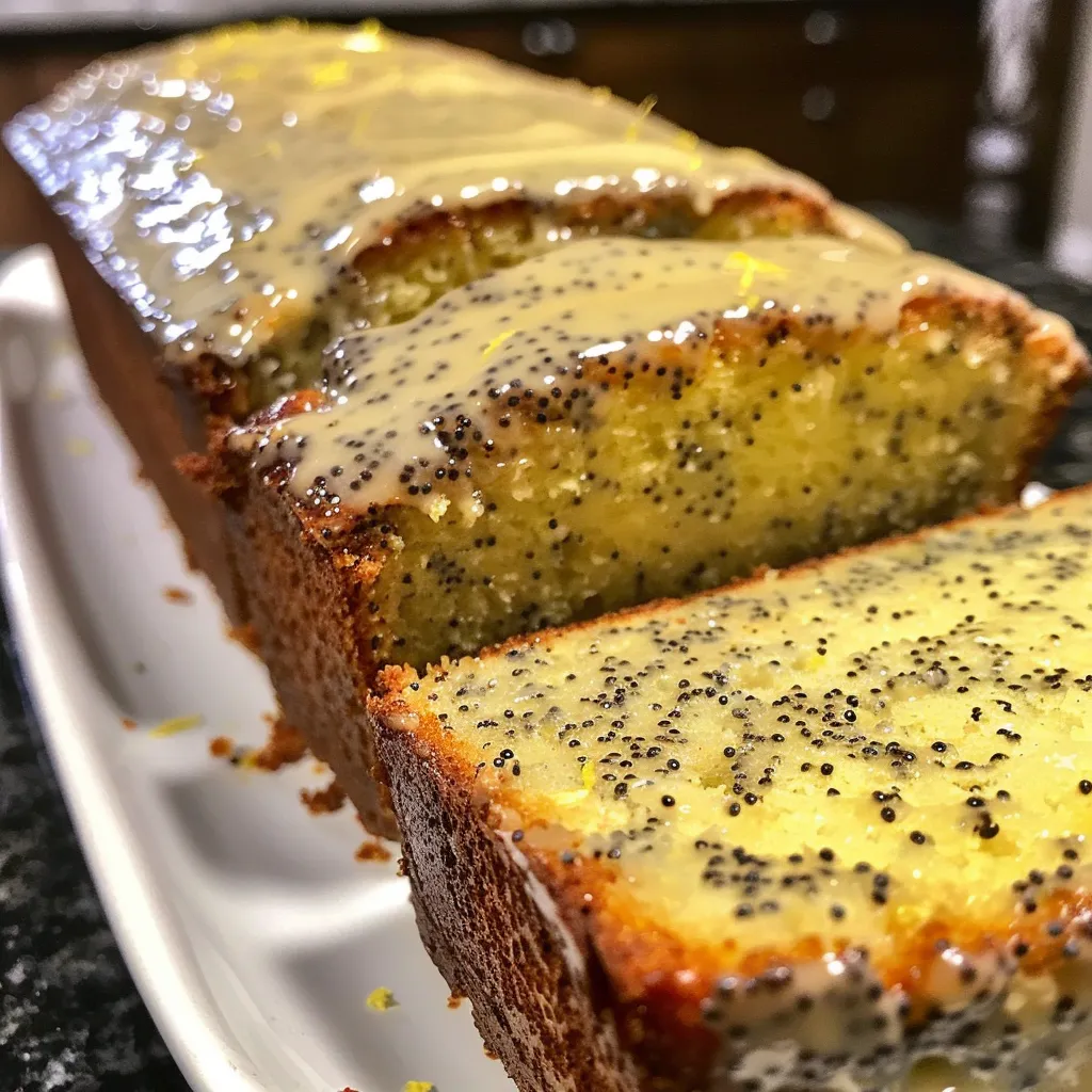 Detailed image capturing the fluffy interior and crumb of a Lemon Poppy Seed Loaf.