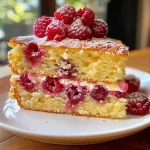 A luscious slice of Lemon Raspberry Cake highlighting the bright yellow lemon sponge and contrasting red raspberries.