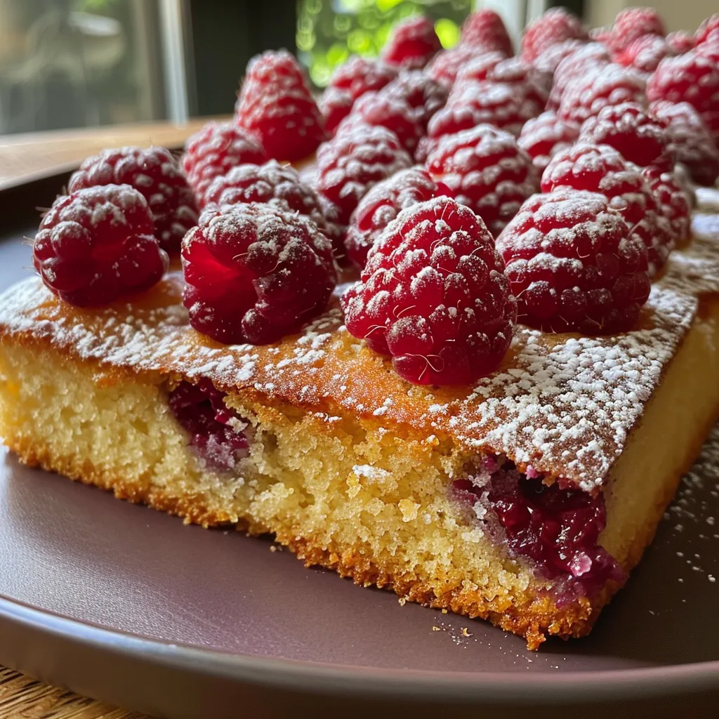 A side angle of a decadent Lemon Raspberry Cake decorated with lemon zest and glistening raspberries.