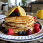 Side angle shot of Lemon Ricotta Pancakes with berries, showcasing their soft texture and zesty lemon zest.