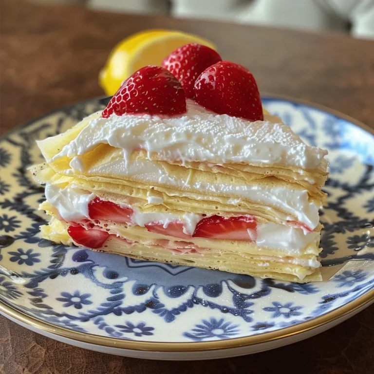 Layers of Delight: Crafting a Lemon Strawberry Crepe Cake That Dazzles Side view of a delicious Lemon Strawberry Crepe Cake with a creamy lemon filling and vibrant strawberry topping.