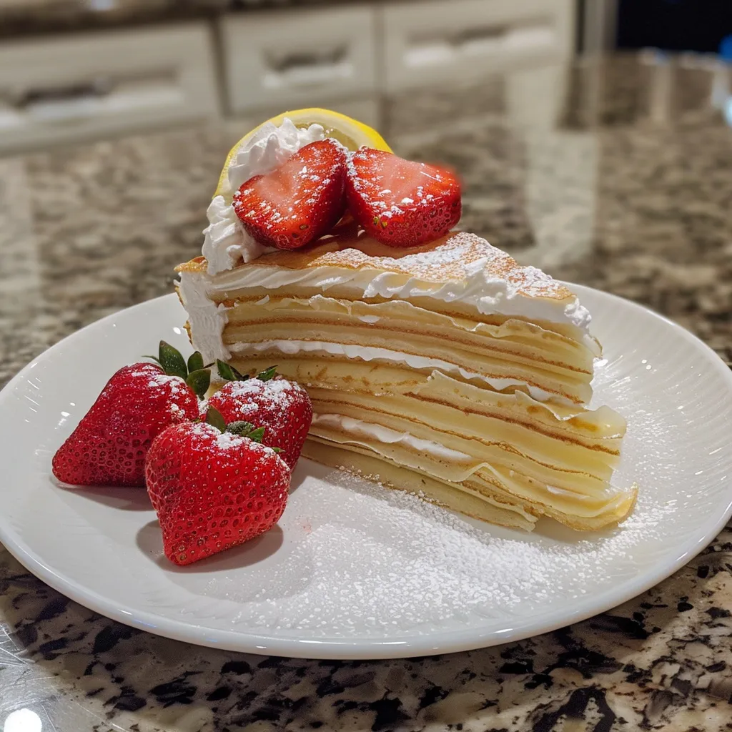 Detailed view of a multi-layered Lemon Strawberry Crepe Cake featuring strawberries and cream cheese frosting.
