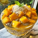 Delicious mango coconut chia pudding showcasing layers of fruit and chia seeds.