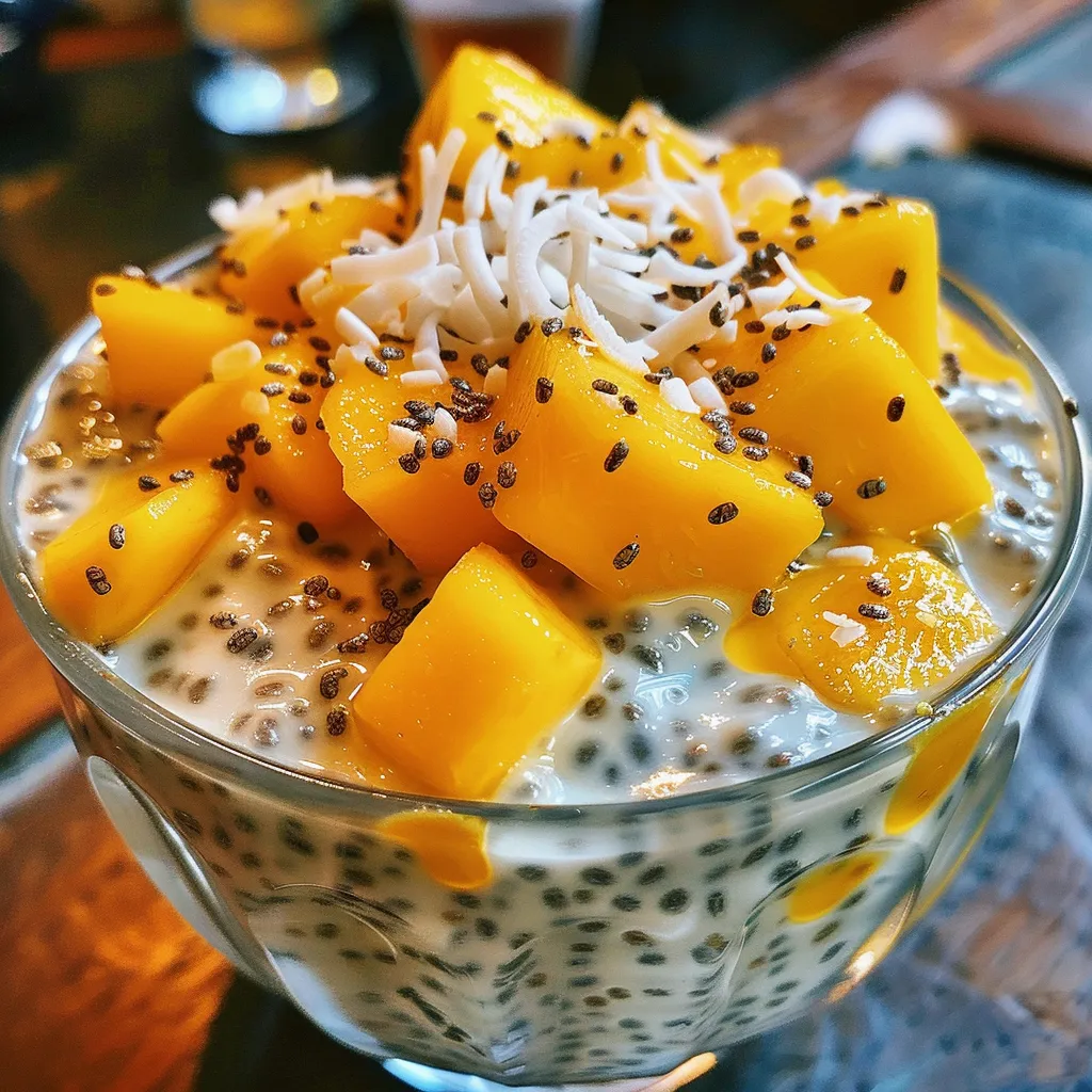 A bowl of chia pudding featuring diced mango and coconut, highlighting its texture.