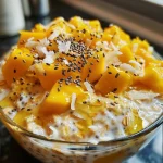 A jar filled with vibrant mango coconut overnight oats, showcasing the layers and textures.