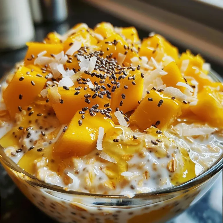 A jar filled with vibrant mango coconut overnight oats, showcasing the layers and textures.