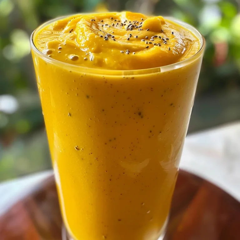 Close-up of a vibrant mango peach smoothie in a clear glass, garnished with a slice of fruit.