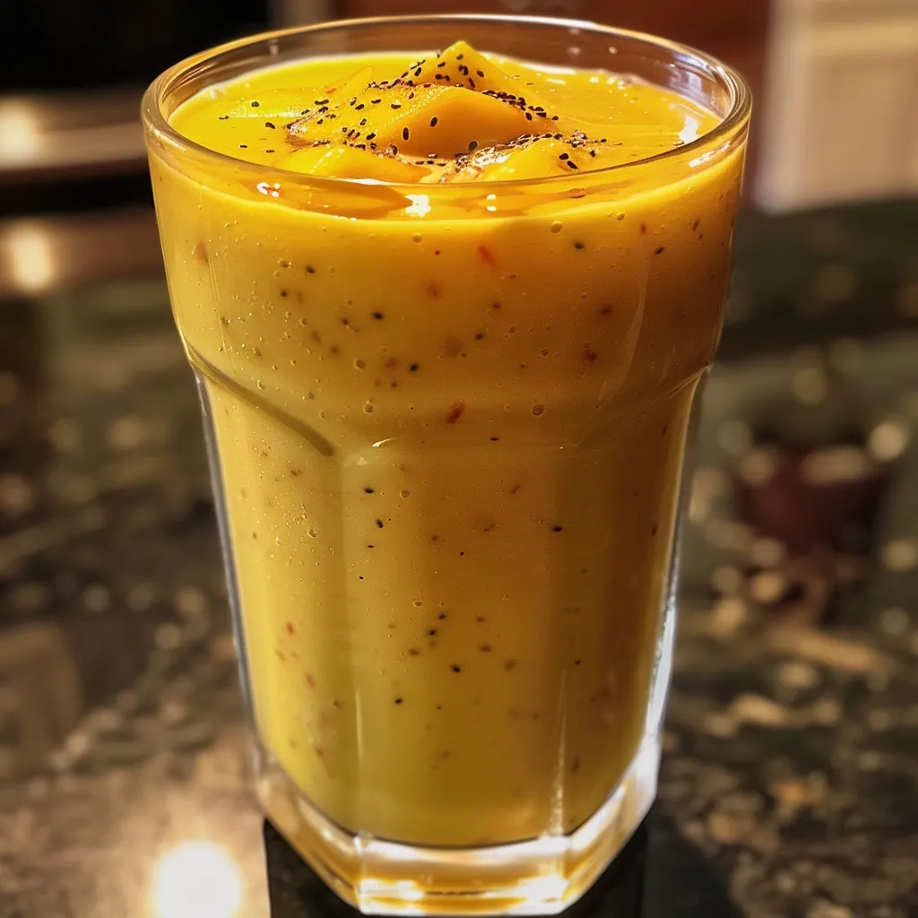 Side view of a delicious mango peach smoothie featuring a rich orange color and ice cubes.
