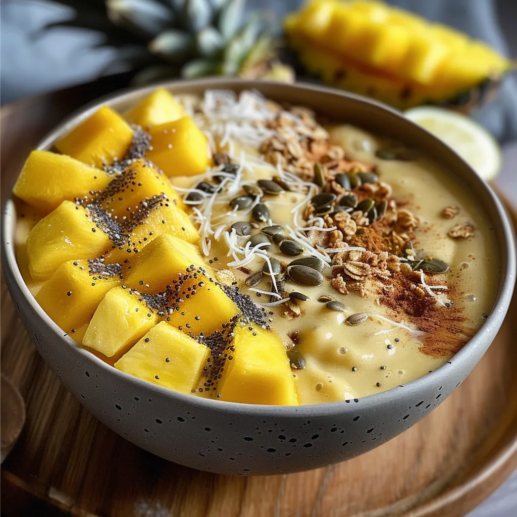 Refreshing smoothie bowl filled with mango and pineapple, decorated with diced fresh fruit and roasted granola.