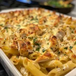 Close-up view of Marry Me Chicken Pasta Bake, showcasing juicy chicken, creamy sauce, and melted cheese.