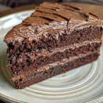 Close-up side view of a luscious chocolate cake topped with dark chocolate frosting.