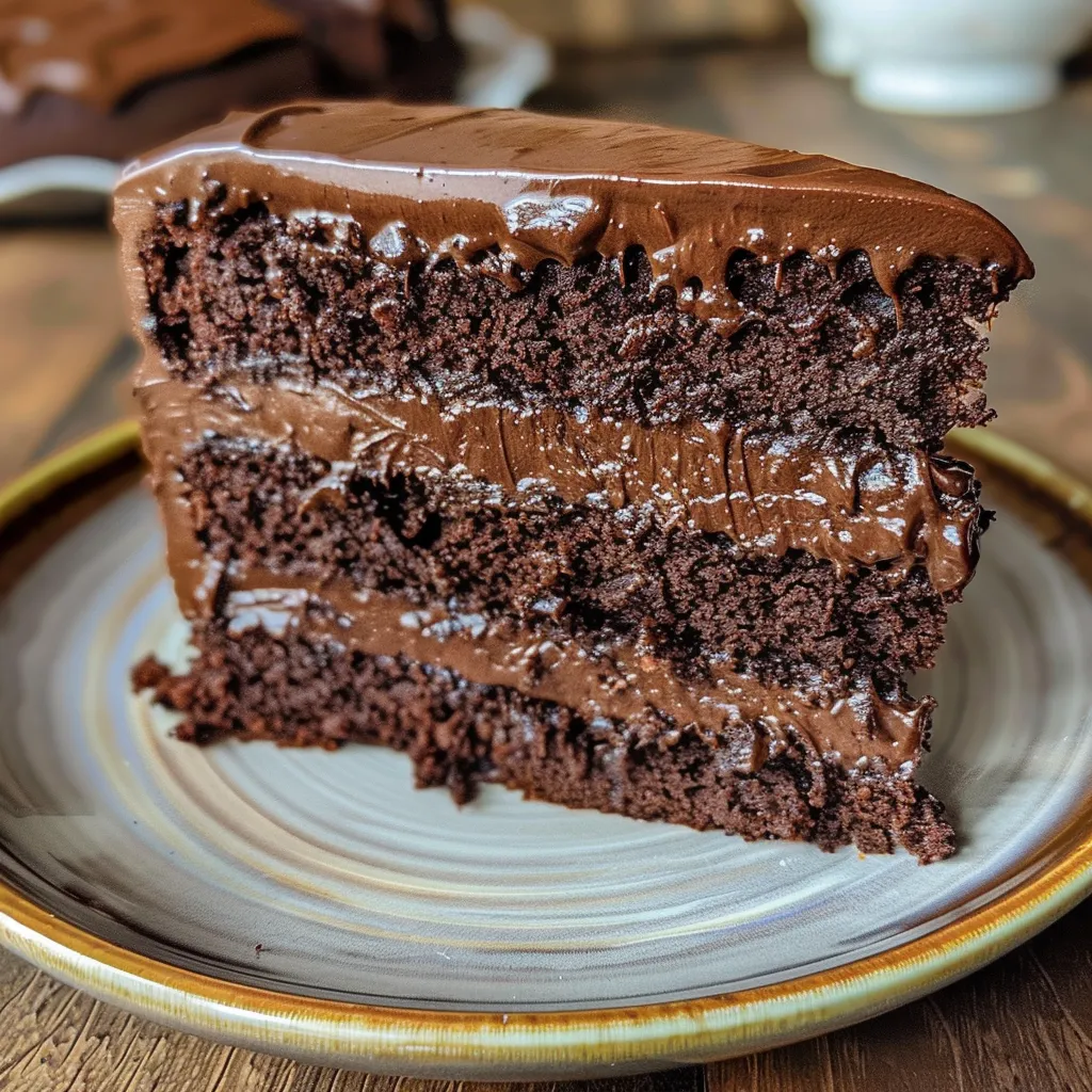 Slice of Matilda Chocolate Cake revealing layers of rich chocolate and creamy frosting.