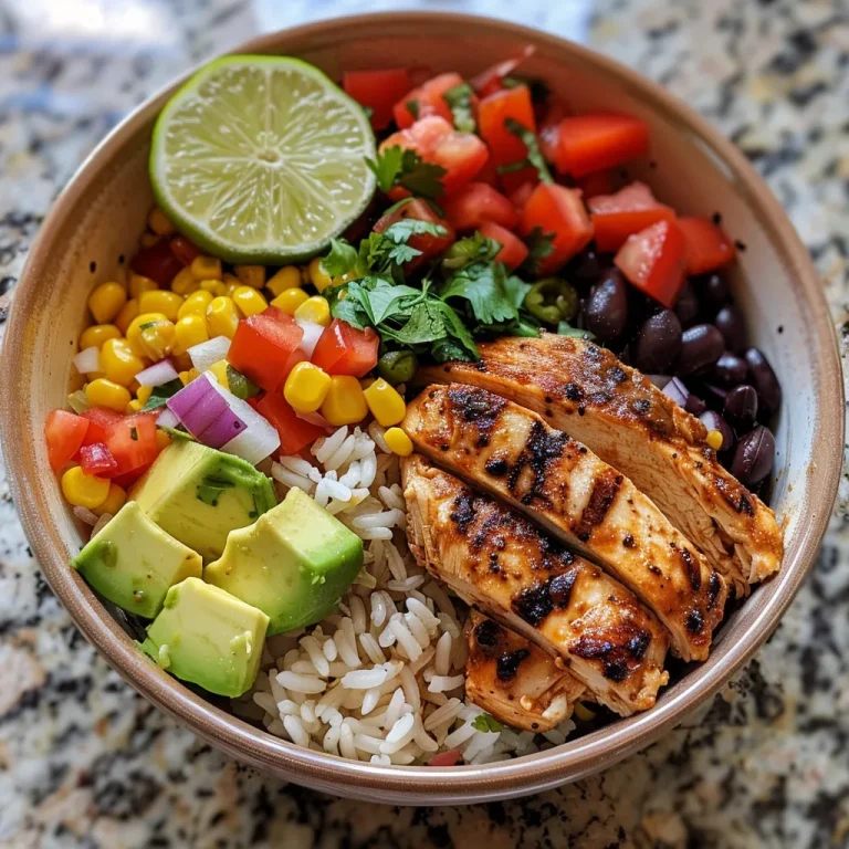 A vibrant Mexican Chicken and Rice Bowl featuring colorful ingredients like chicken, rice, avocado, and cilantro.