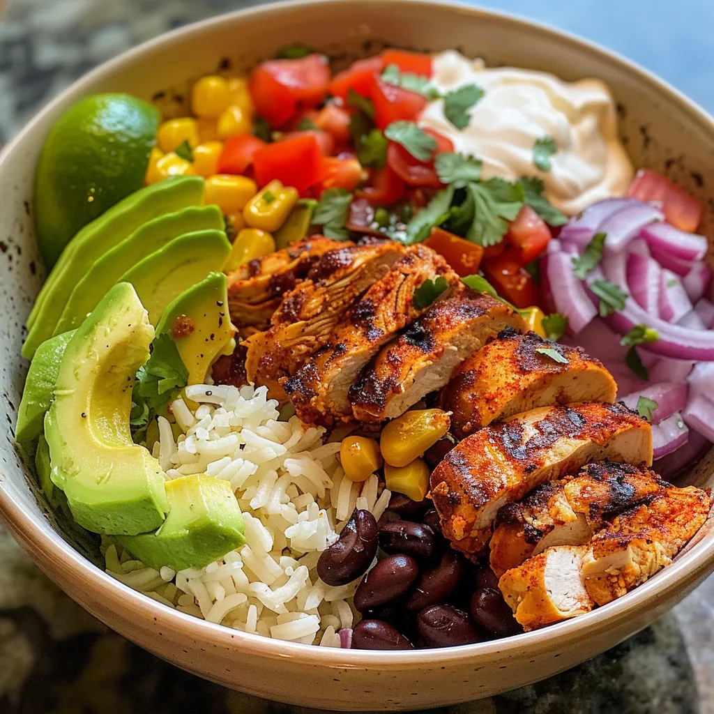 Close-up view of a bowl filled with Mexican chicken, rice, black beans, and topped with avocado and cheese.
