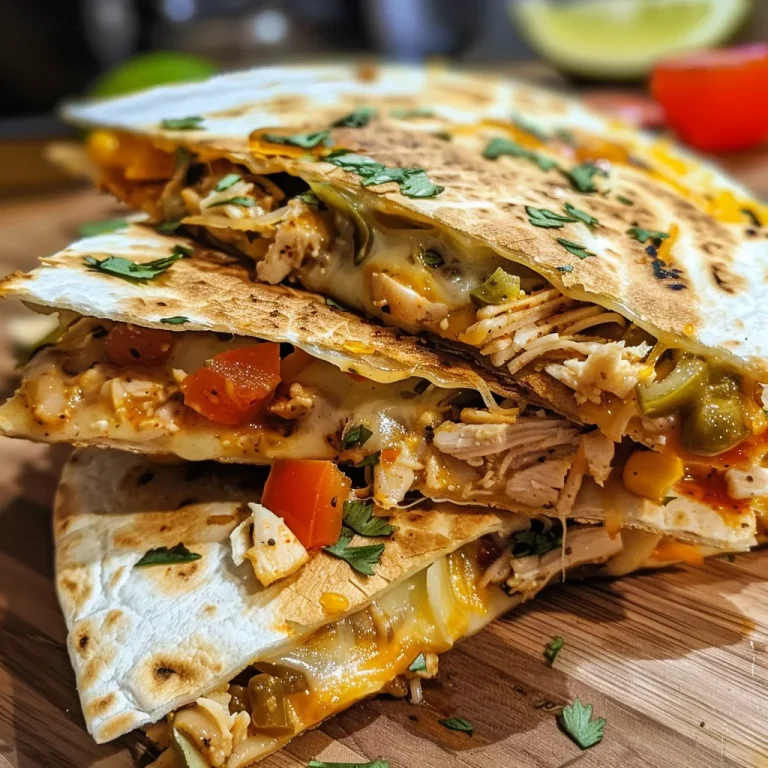Close-up side view of a juicy Mexican chicken quesadilla filled with melted cheese and colorful ingredients.