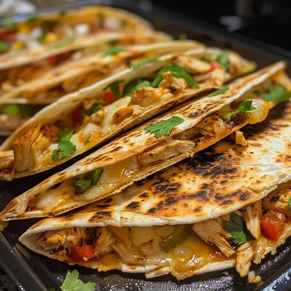 A delicious chicken quesadilla showcasing shredded chicken, cheese, and vegetables, captured with an iPhone 15 Pro.