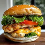 A close-up side view of a juicy mini chicken burger with lettuce and tomato.