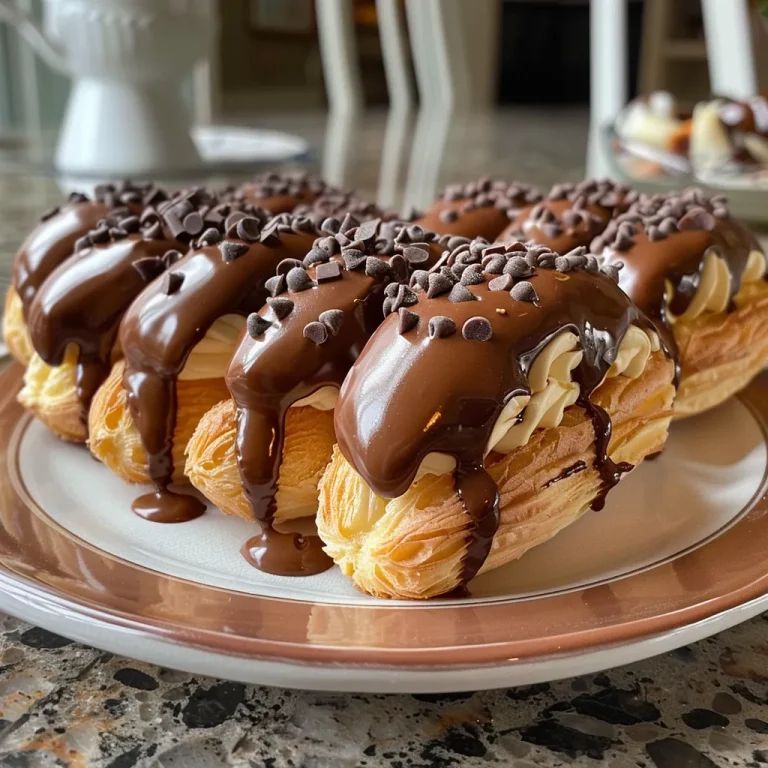 Juicy mini chocolate eclairs displayed with a shiny chocolate glaze.