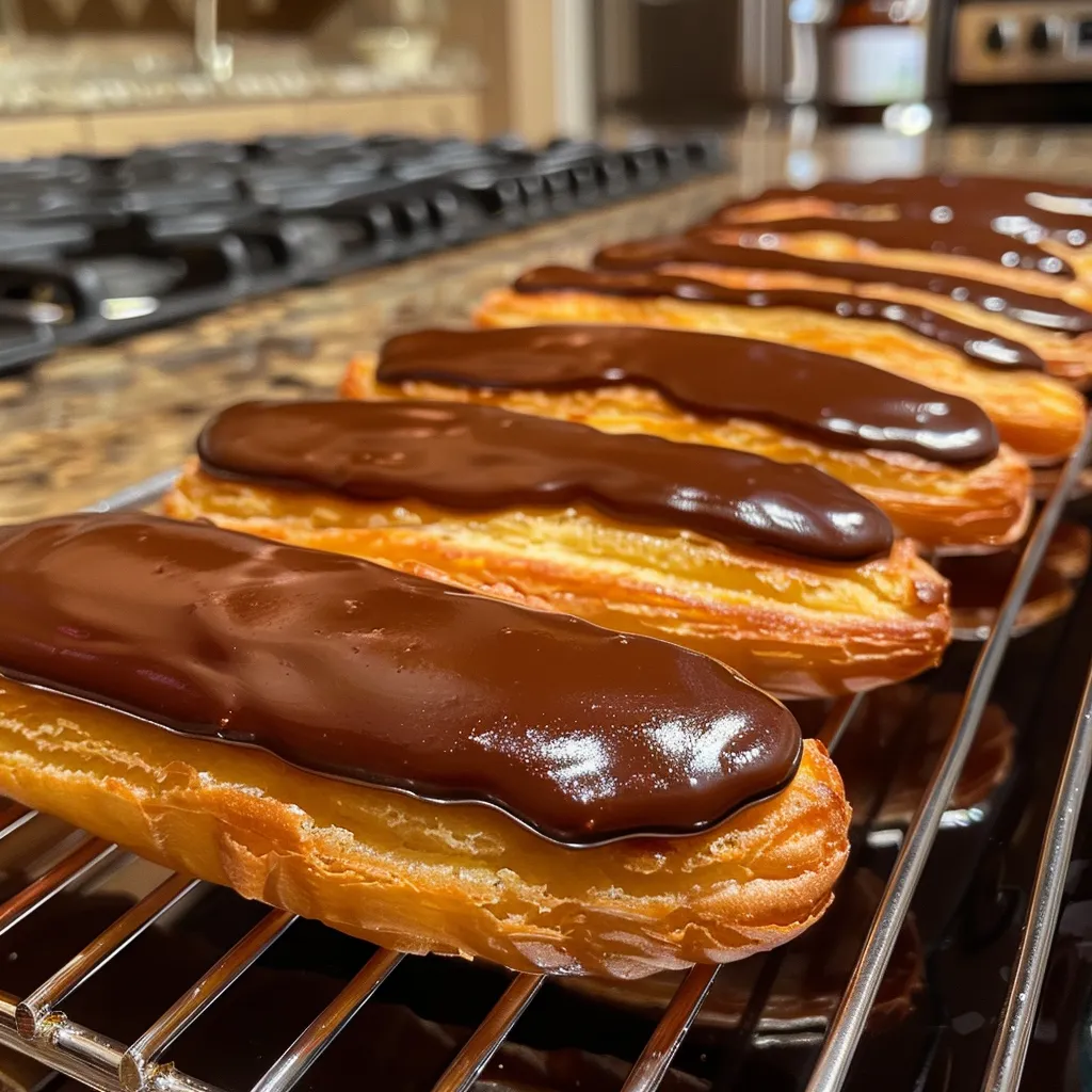 Delicious mini chocolate eclairs arranged neatly, showcasing their rich texture.