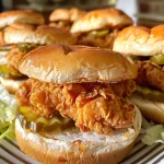 Close-up view of mini crispy chicken sandwiches on a wooden platter.