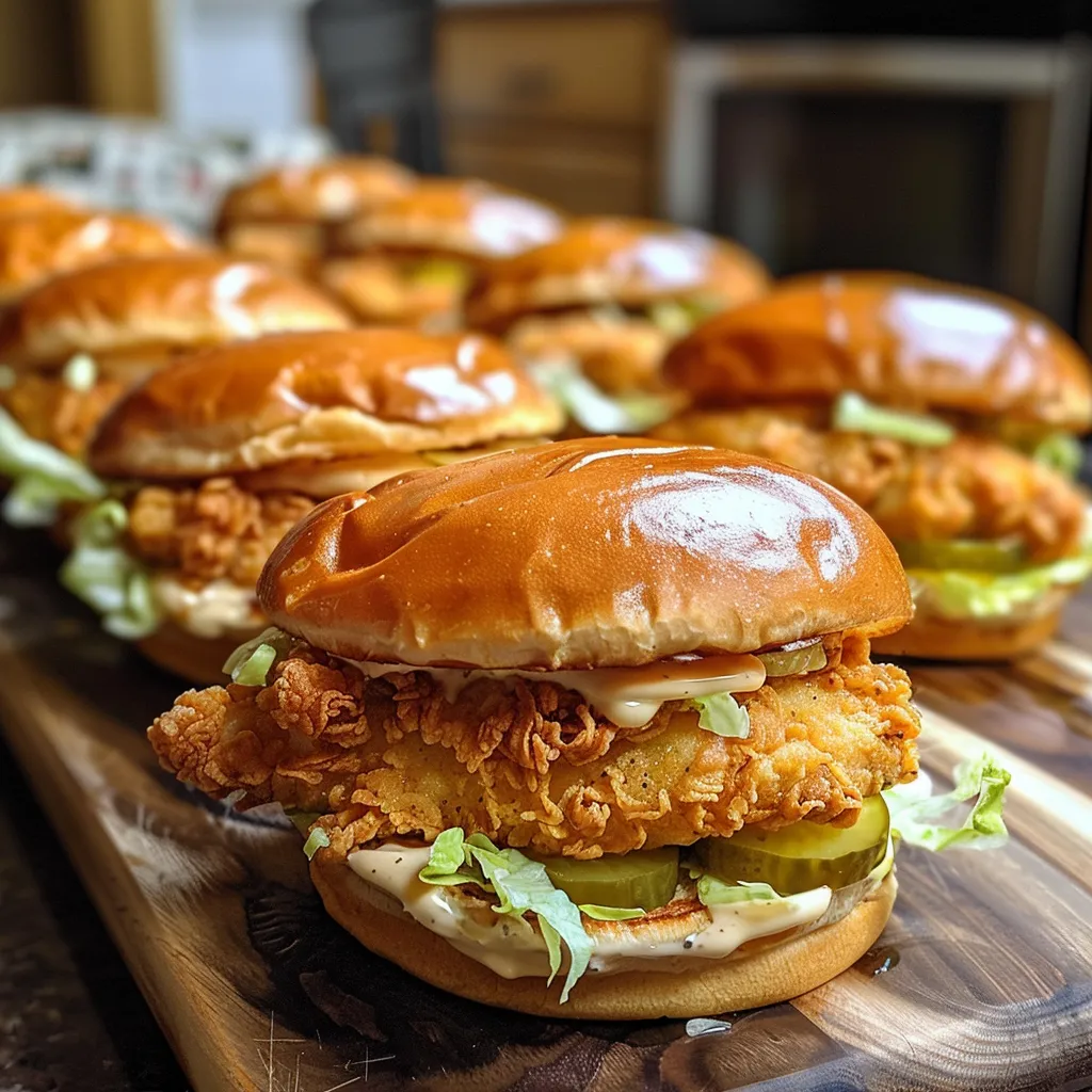 Juicy mini chicken sandwiches with lettuce and pickles, stacked on a plate.