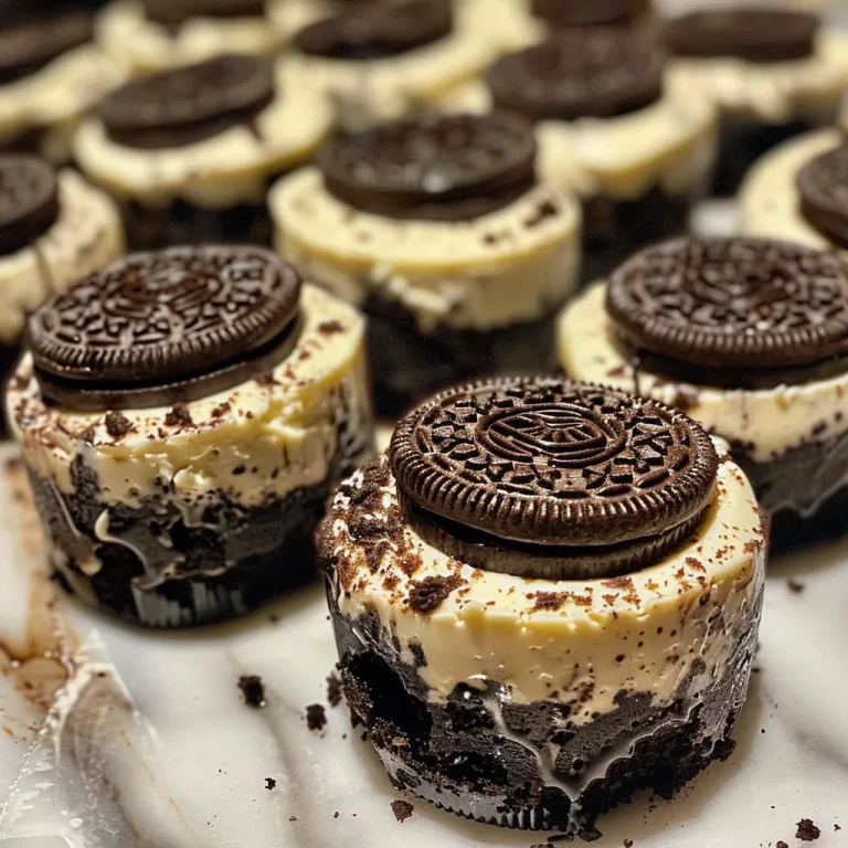 Detailed shot of Mini Oreo Cheesecake Bites with whole Oreos on top, emphasizing the luscious texture.