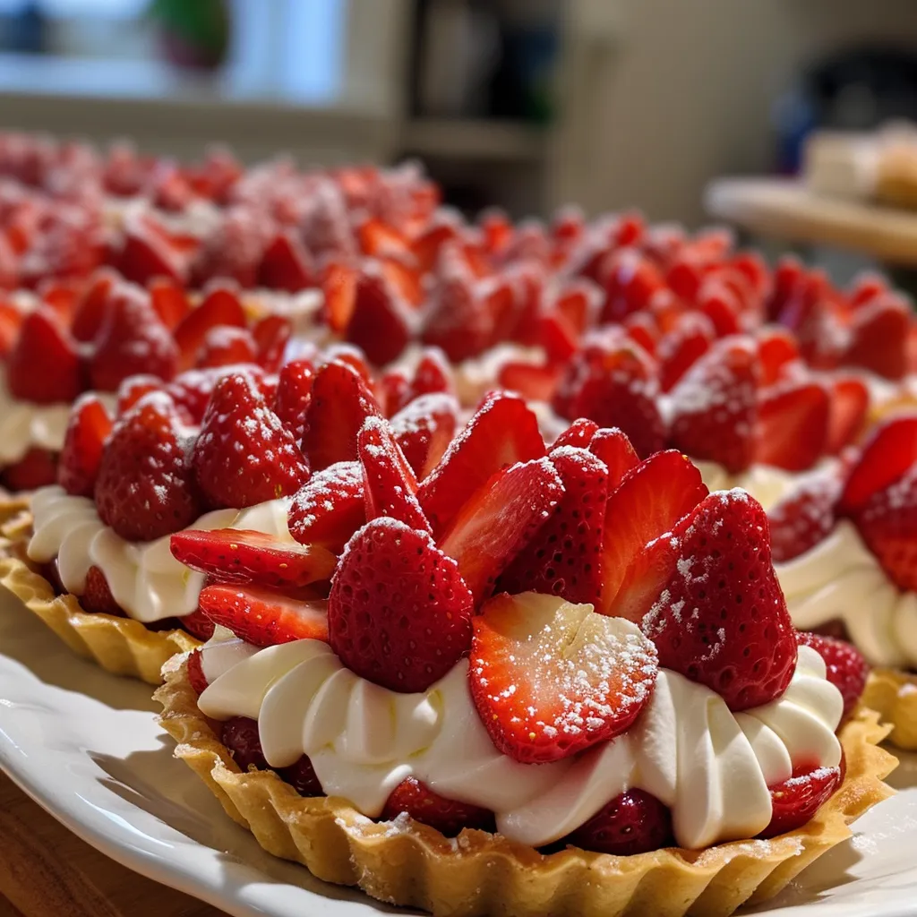 Miniature strawberry tarts with a buttery crust and fluffy cream filling, garnished with sliced strawberries.