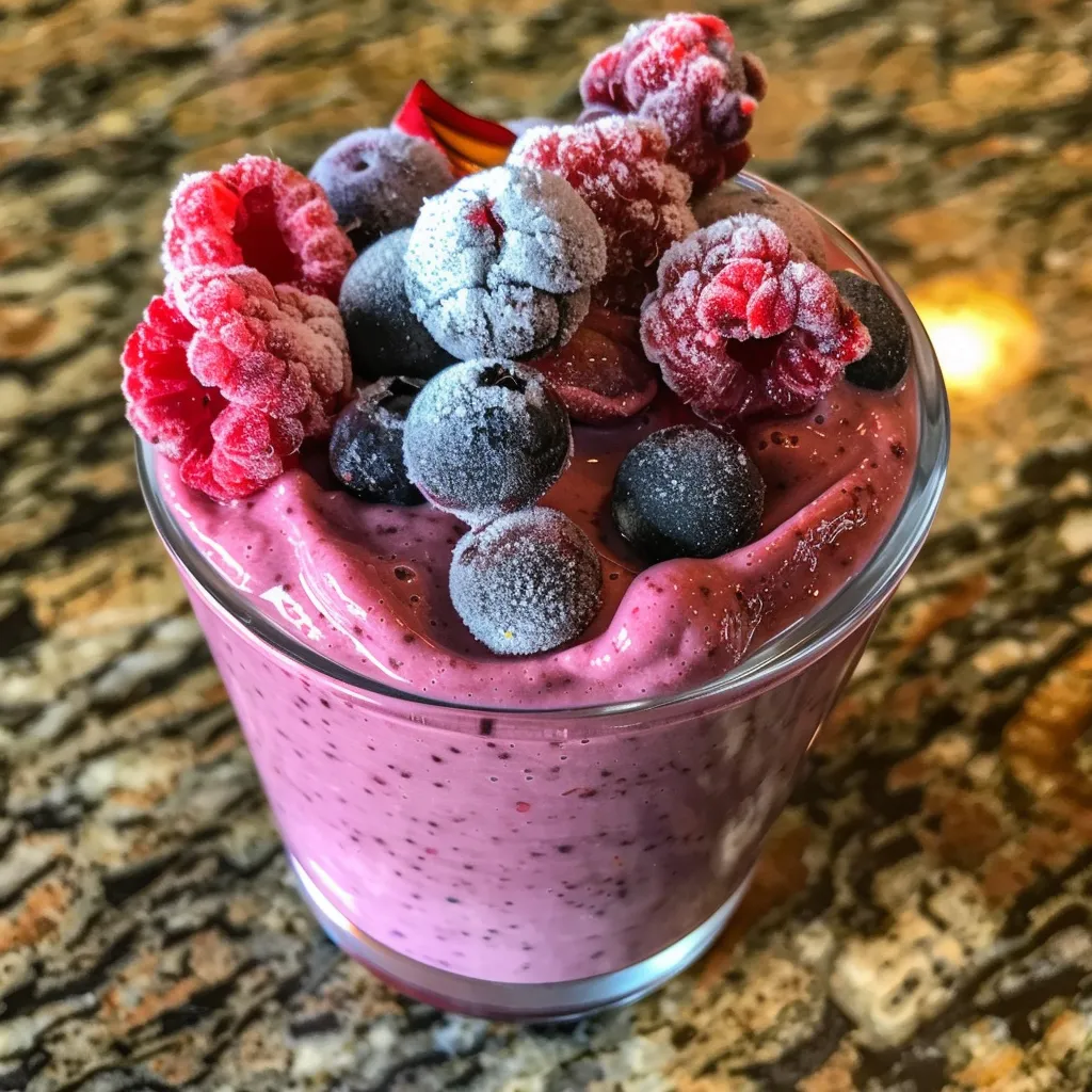 Side angle of a delicious mixed berry cheesecake smoothie in a glass, showcasing its rich colors.