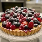 Juicy mixed berry tart displaying vibrant berries atop a smooth custard filling in a flaky crust.