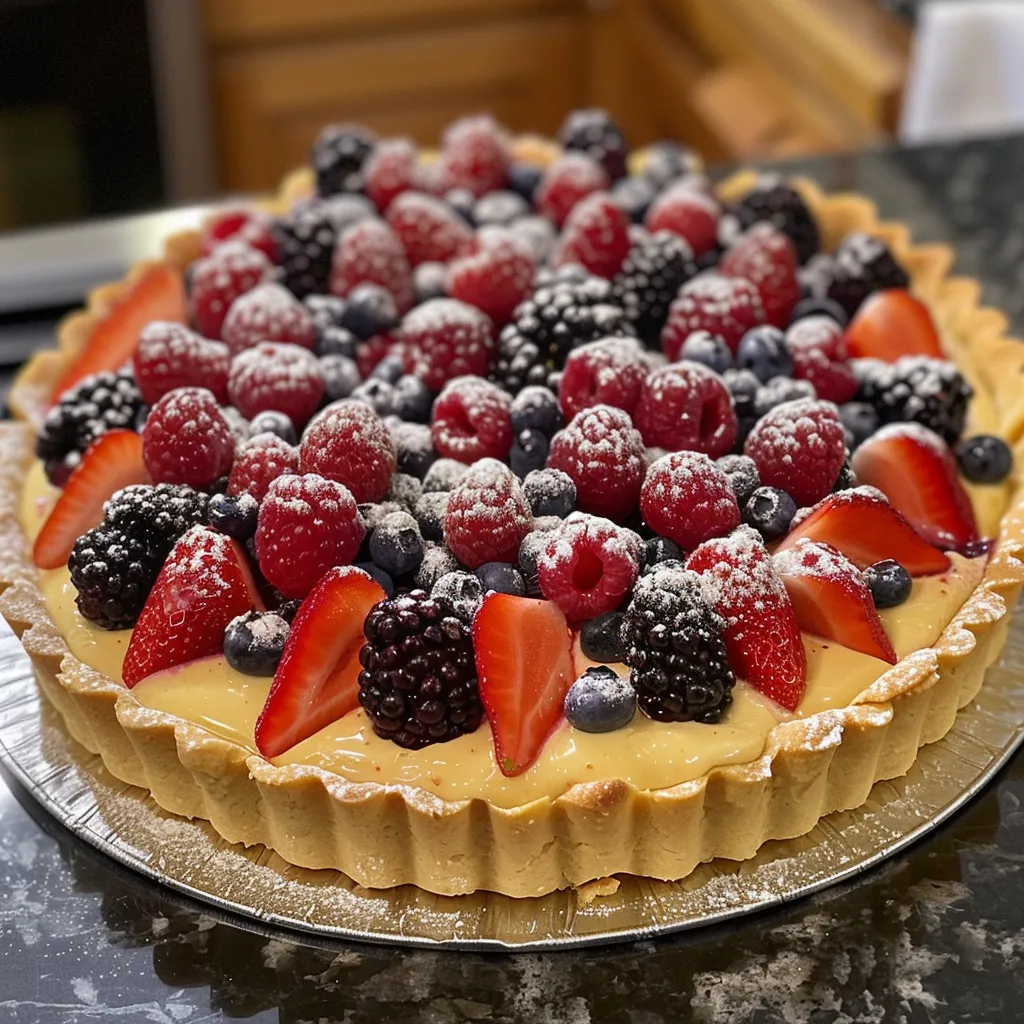 Detailed shot of a mixed berry tart, featuring an assortment of fresh berries and a glossy finish.