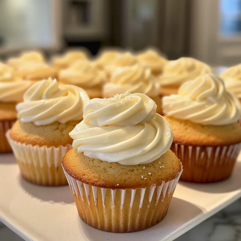 Close-up side view of moist vanilla cupcakes with creamy frosting.