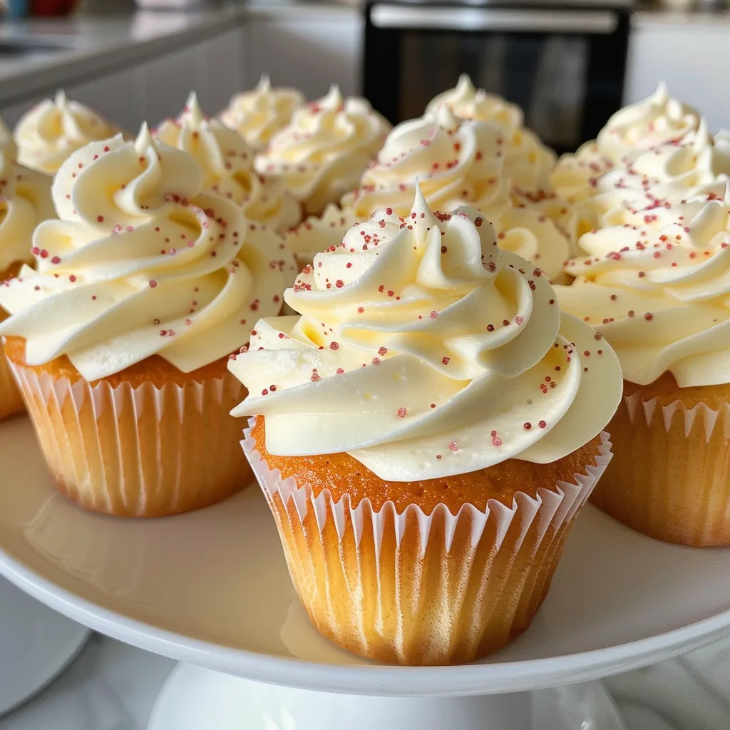 Juicy vanilla cupcakes topped with white frosting in a decorative wrapper.