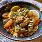 Close-up view of a Moroccan chicken couscous bowl, highlighting the vibrant ingredients and textures.