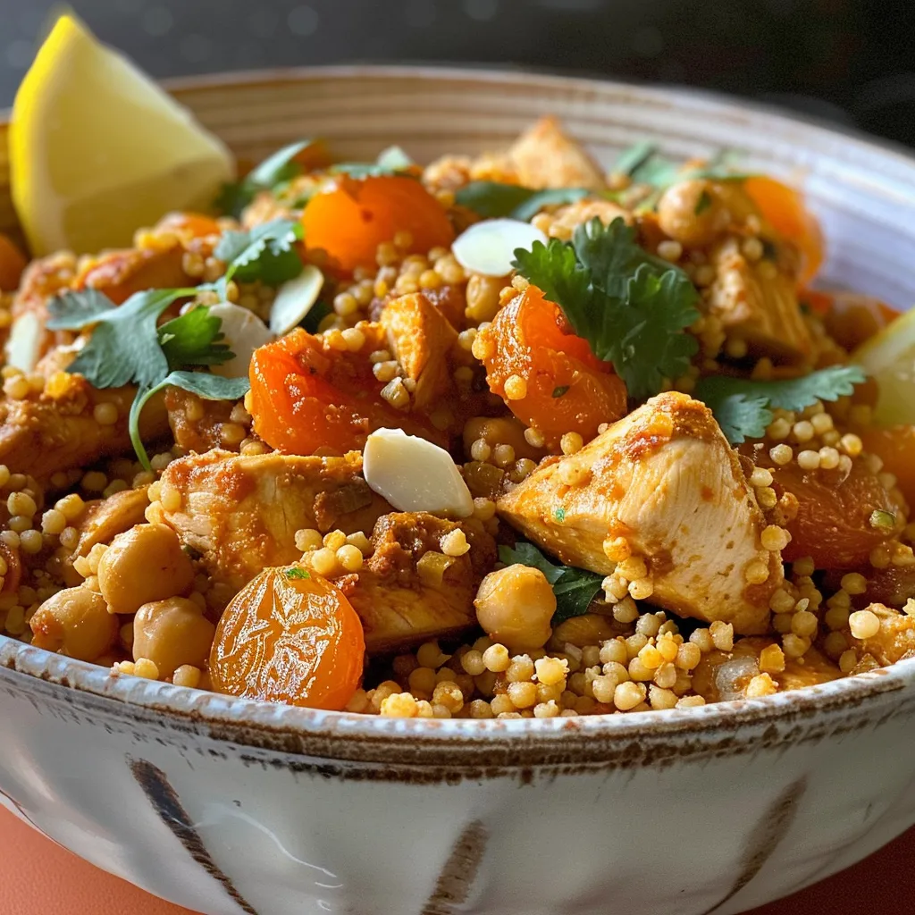Side angle photo of a delicious Moroccan chicken couscous dish, showcasing colorful vegetables and garnishes.