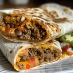 Juicy nacho cheese beef wrap with melted cheese, side view.