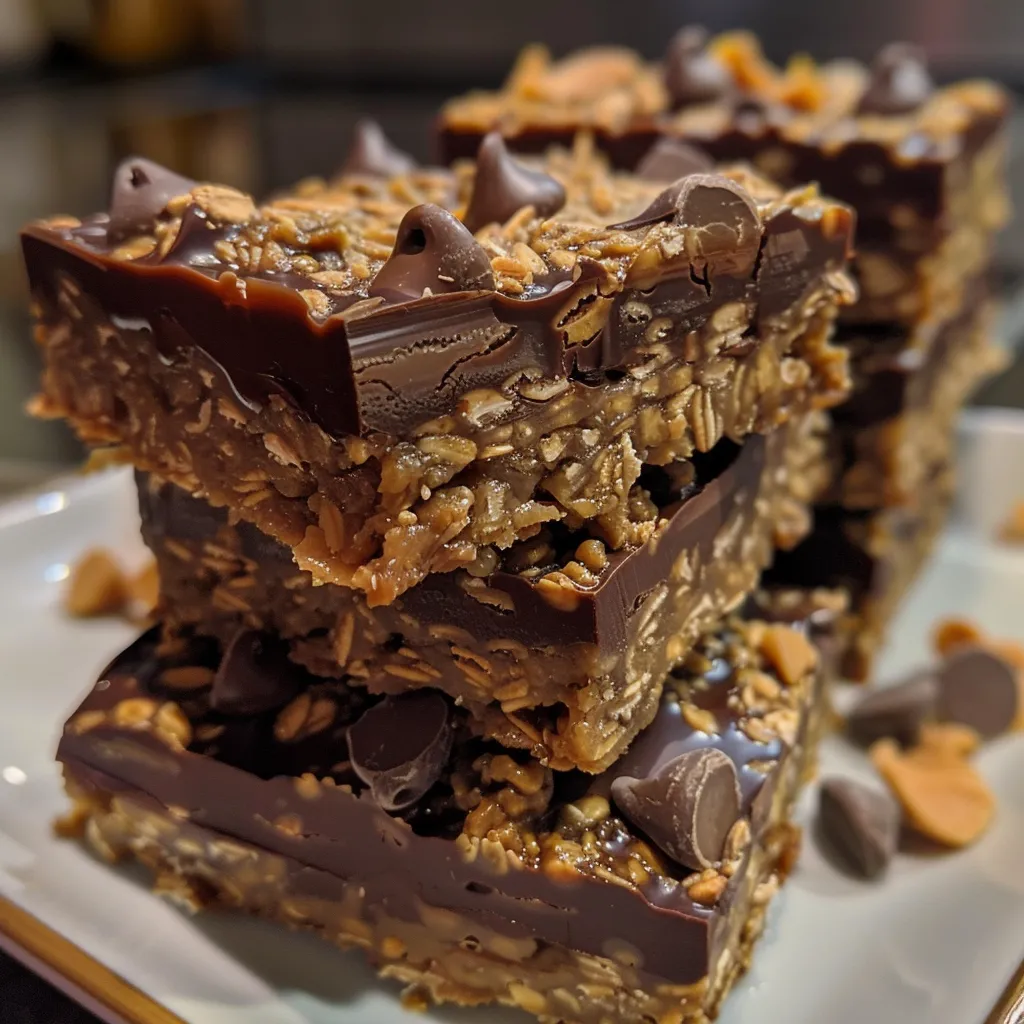 Side view image of a No Bake Chocolate Oatmeal Bar, revealing layers of chocolate and oats.