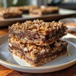 Close-up side view of No Bake Coconut Chocolate Oat Bars with a rich chocolate topping and shredded coconut.
