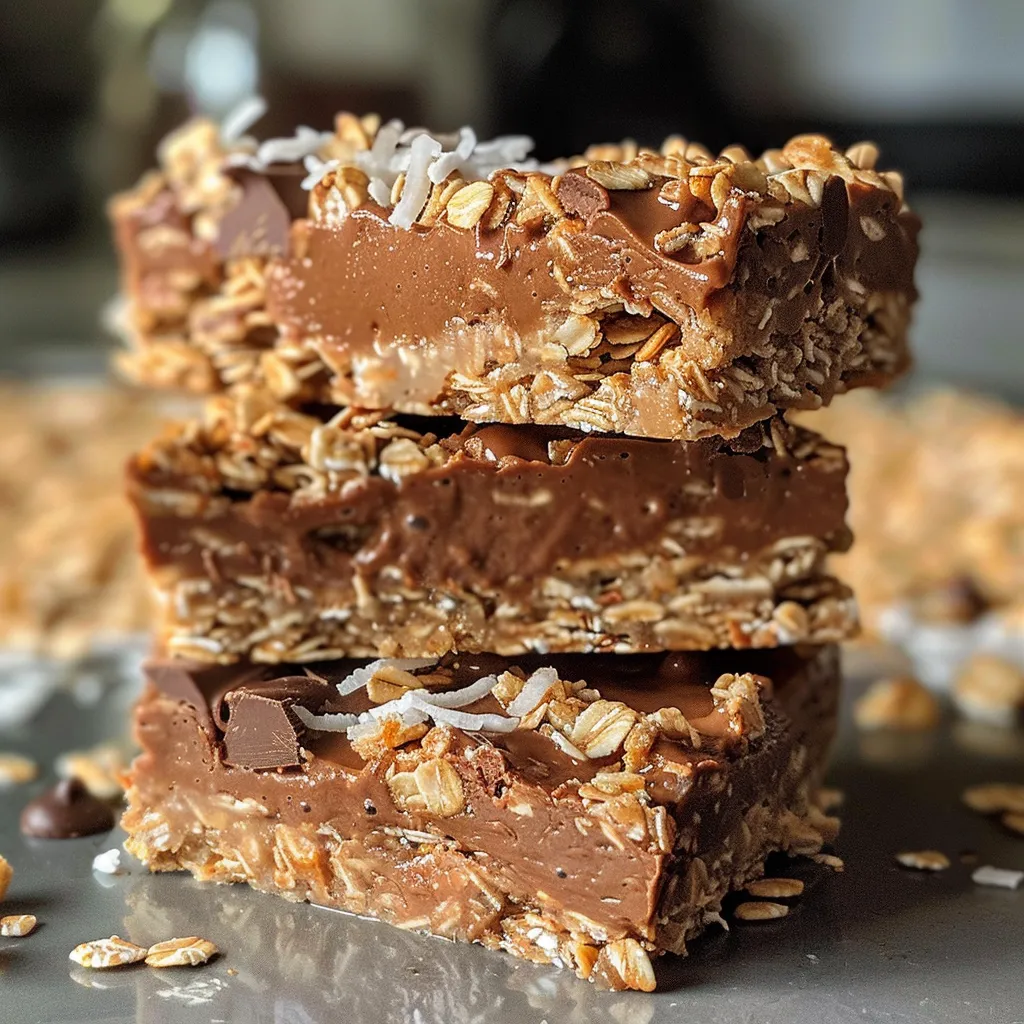 Juicy No Bake Coconut Chocolate Oat Bars stacked on a plate, showcasing chocolate and coconut layers.