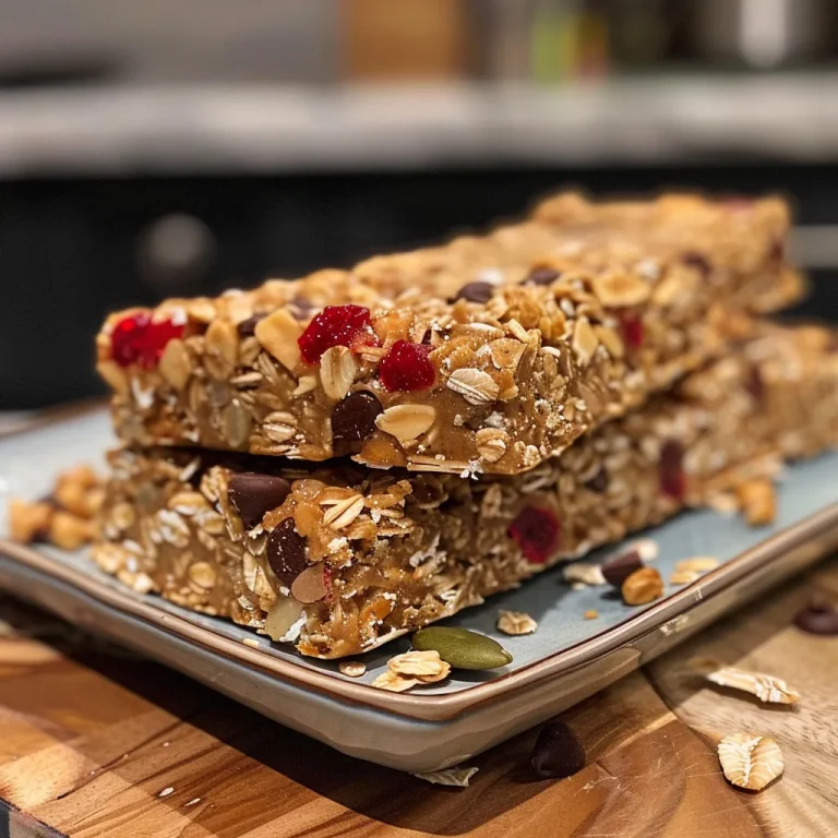 Close-up side view of homemade no-bake granola bars with a chewy texture.