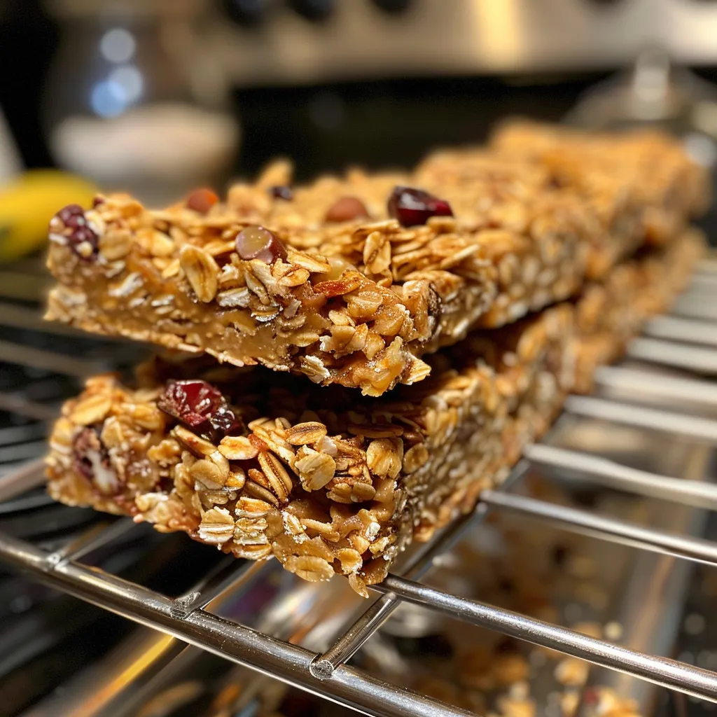 A side view of delicious, homemade no-bake granola bars filled with oats and mix-ins.