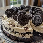 Detailed view of a No Bake Oreo Cheesecake highlighting its creamy filling and Oreo crust.