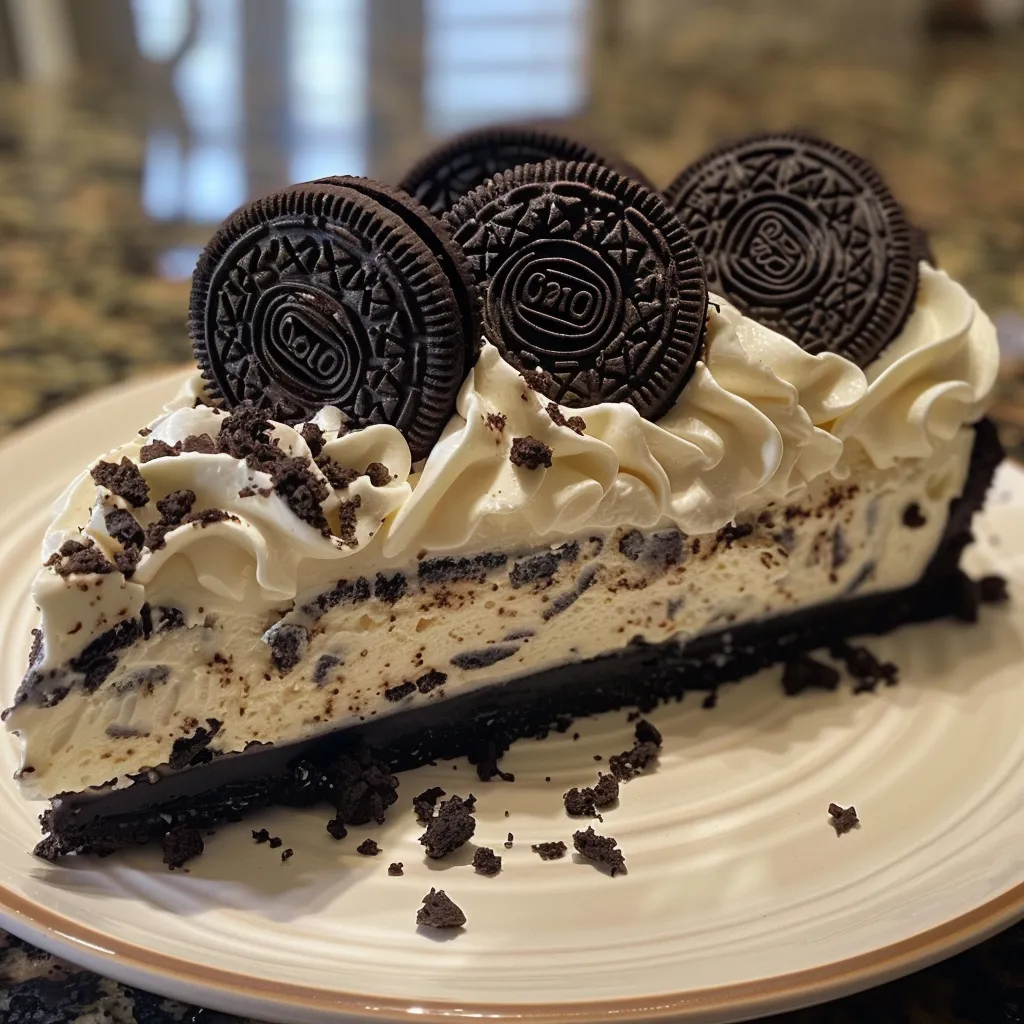 Juicy No Bake Oreo Cheesecake presented with crushed Oreos and a textured surface.