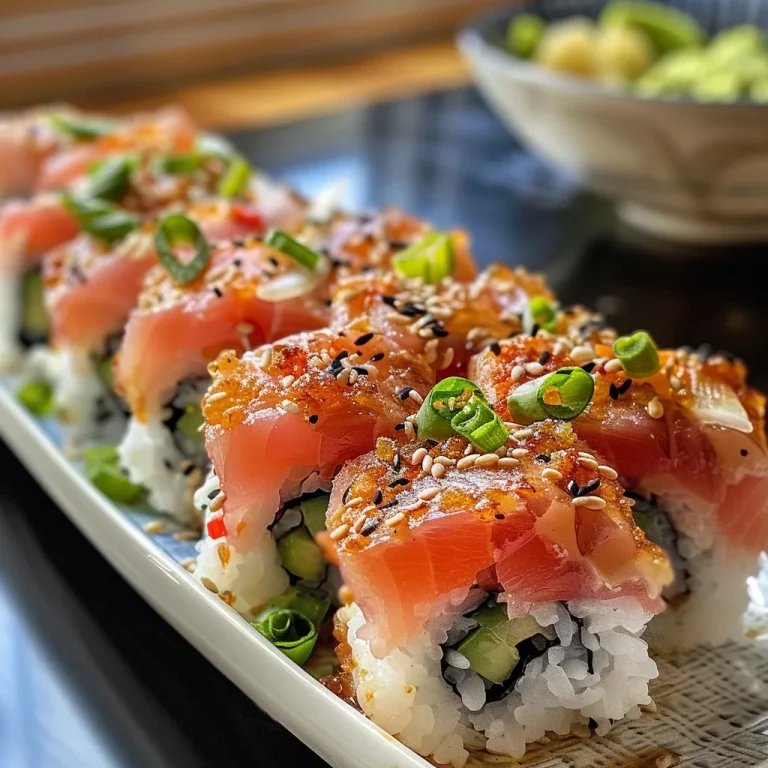 Deliciously plated crispy rice served with tuna and colorful toppings.