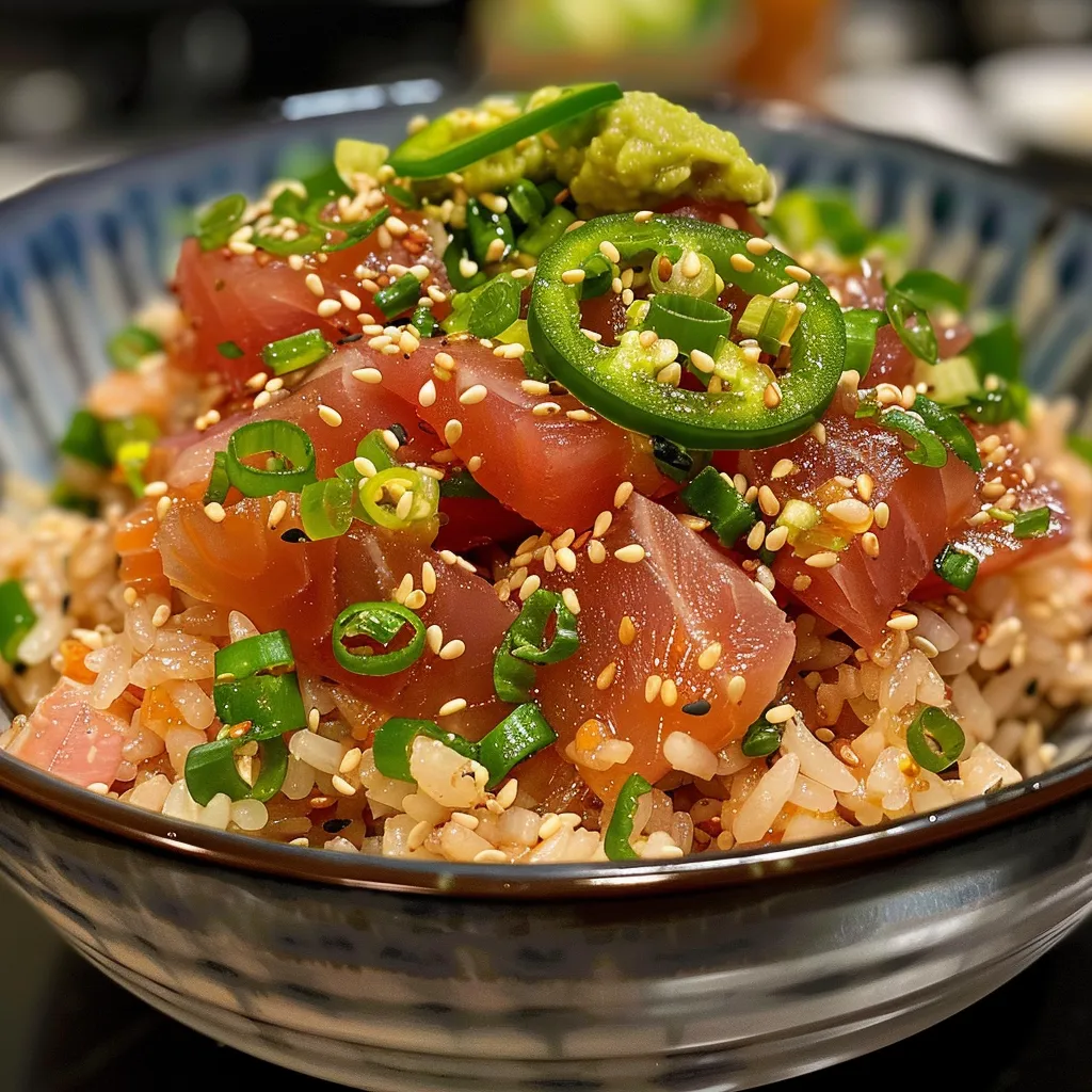 Gourmet presentation of crispy rice and spicy tuna with fresh ingredients.