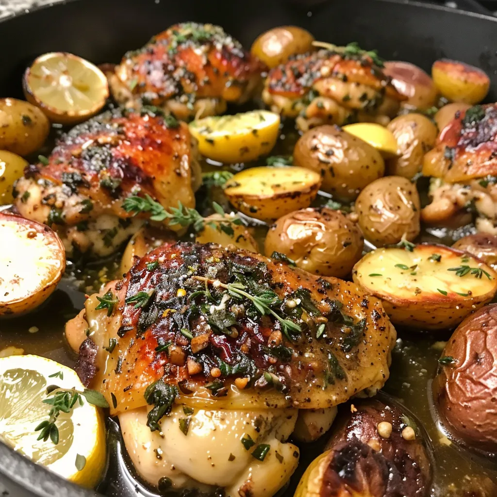 Skillet filled with crispy chicken, halved baby potatoes, and lemon wedges.