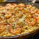 Juicy shrimp nestled in creamy orzo pasta with a sprinkle of parmesan, captured in a close-up shot.
