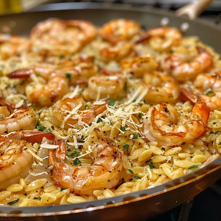 Elevate Your Weeknight Dinners with One Pan Parmesan Orzo and Shrimp Juicy shrimp nestled in creamy orzo pasta with a sprinkle of parmesan, captured in a close-up shot.