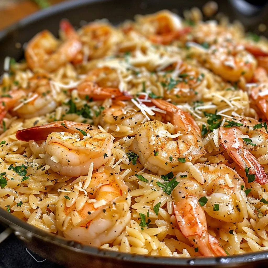 A vibrant plate of One Pan Parmesan Orzo with shrimp, featuring a luscious creamy texture.