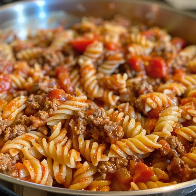 A Heartwarming One-Pot Wonder: Beefy Tomato Pasta for Any Night Side view of a vibrant one-pot beefy tomato pasta meal, highlighting the mix of pasta, beef, and tomatoes.