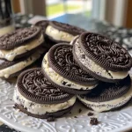 Detailed shot of Oreo ice cream sandwiches highlighting their texture and rich chocolate.